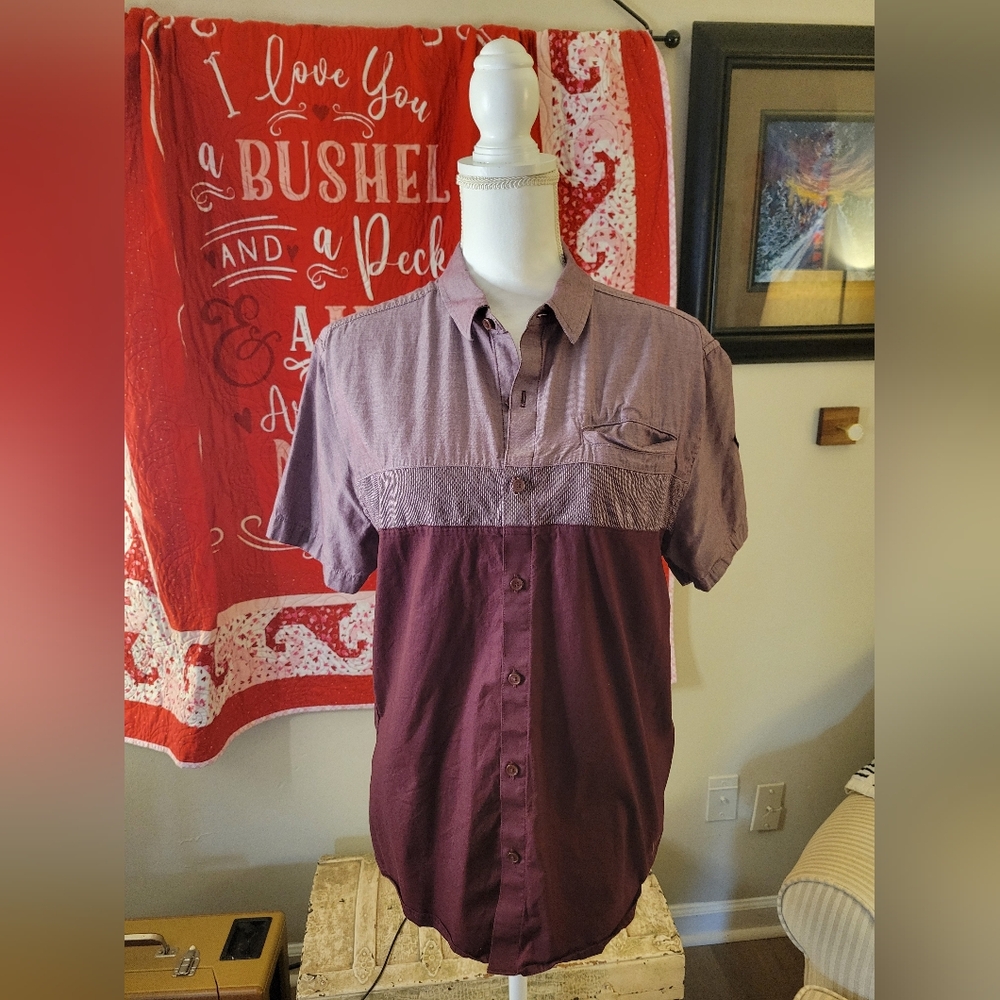 Guess Men's Casual Burgundy and Purple Shirt